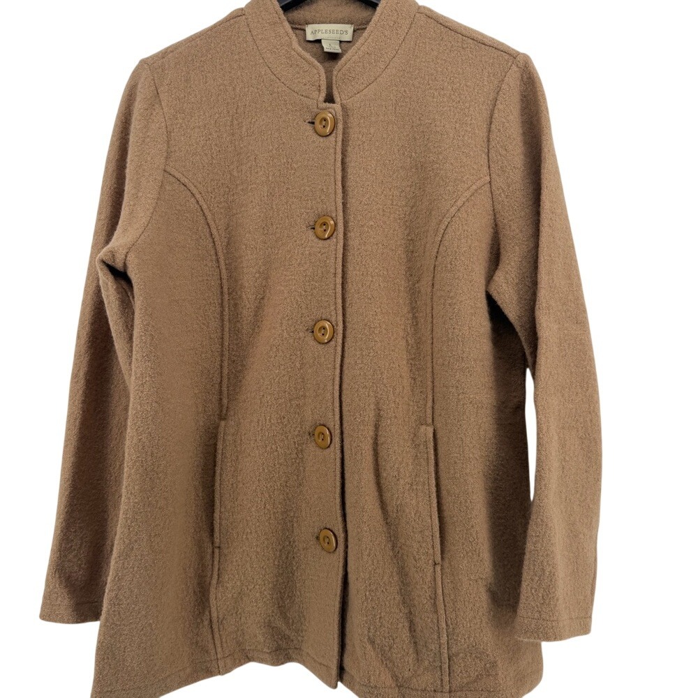 Appleseeds Womens Large 100%‎ Wool Mock Neck Button Front Jacket Camel Tan L